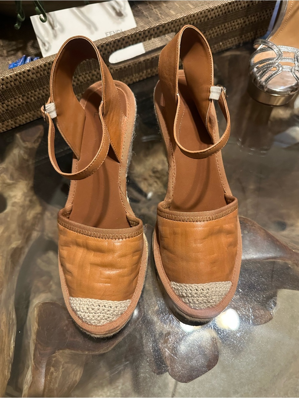 Fendi Brown FF Embossed Leather Espadrille Ankle Strap Wedge Sandals